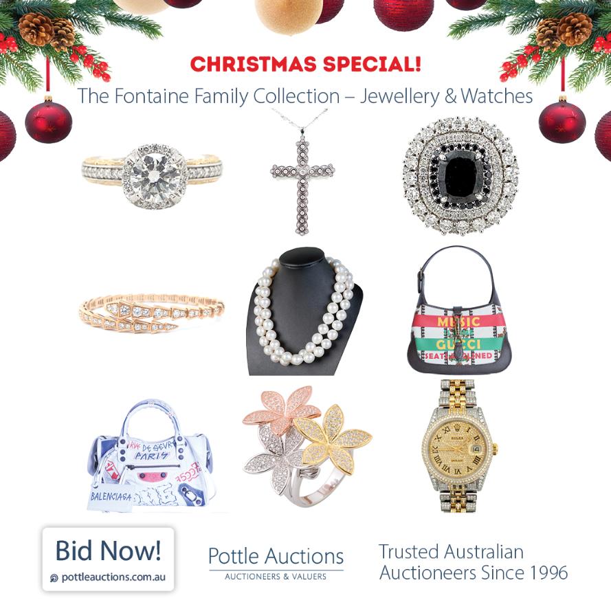 This collection has been a reserved exclusively for Christmas. A once-in-a-lifetime opportunity to acquire treasures from one of the most distinguished private collections. This exclusive liquidation auction unveils the Fontaine family's exquisite jewellery and luxury timepieces. Saved perfectly in time for Christmas.     Highlights include:  💎 5ct, 3ct and 2ct Diamond Solitaire Rings  💎 Diamond Tennis Bracelets & Tennis Necklaces  💎 Emerald Rings & Fine Gemstone Jewellery  💎 Swiss Luxury Watches from Iconic Brands  💎Jewellery Brands – Bvlgari, Tiffany & Co Cartier  💎Designer Bags  - Gucci, Louis Vuitton, Chanel, Bottega Veneta, Fendi     This is your chance to secure exceptional value on timeless elegance.