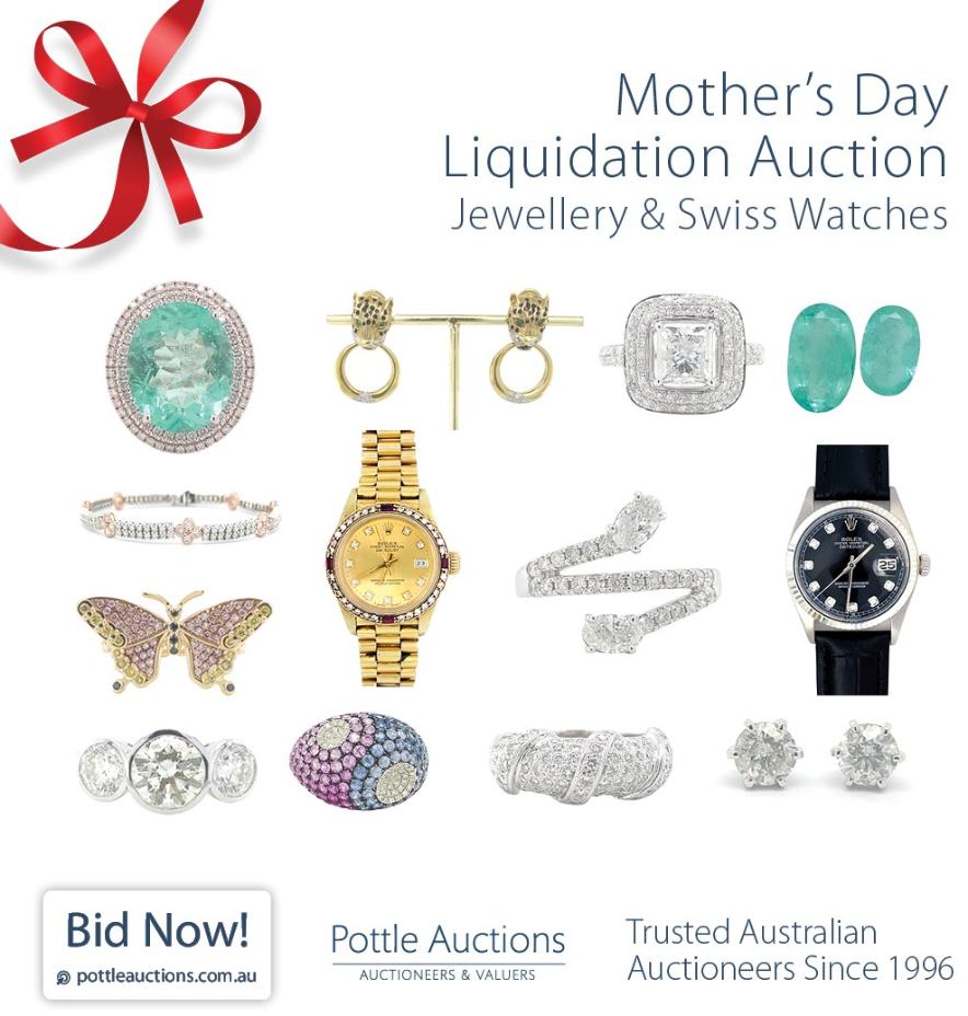 Mother’s Day Liquidation Auction – Jewellery & Swiss Watches Due to the closure of an Australian jewellery retailer, Pottle Auctions has been instructed by the vendor to sell all stock to the highest bidder. • Premium Jewellery & Swiss Watches • Massive Discounts: Everything must sell at a fraction of the retail price! • Free Express Delivery: Australia-wide, with insurance included. Don't miss this opportunity to own stunning jewellery and luxury timepieces at unbeatable prices.